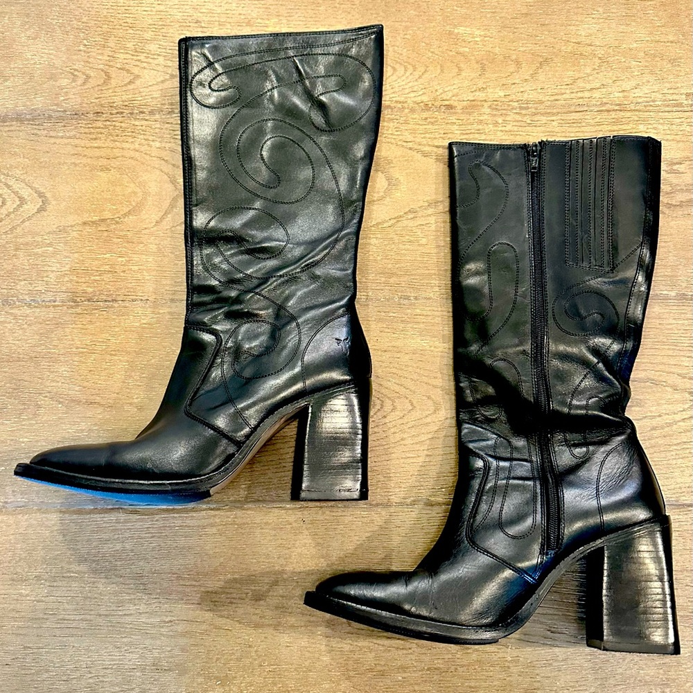 Frye black leather heeled cowboy boots, size 9